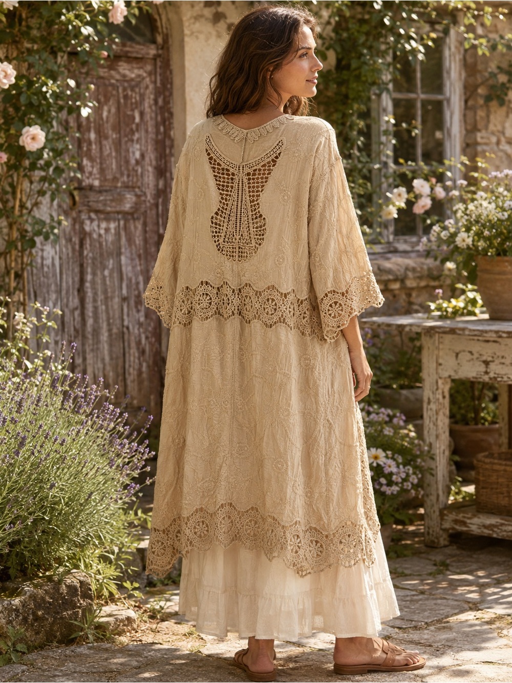 Cotton Crochet Lace Embroidered Boho Kimono Duster Hand Tea Dyed OS fits most